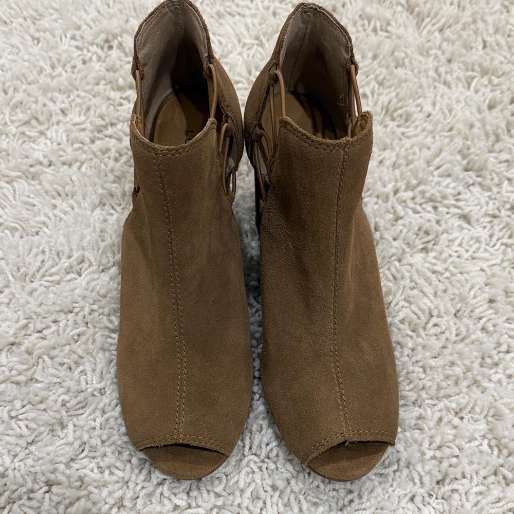Lucky Brand Tan Suede Peep-Toe Booties